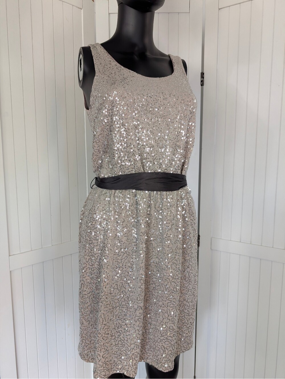 Express Reversible Sequin Cocktail Dress Small Champagne Gold Mini Black Sash